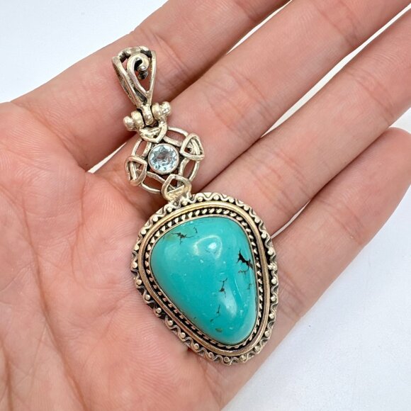 VTG Sterling Silver 925 Turquoise & Blue Topaz Pendant Size 2.5" Length - Picture 7 of 11